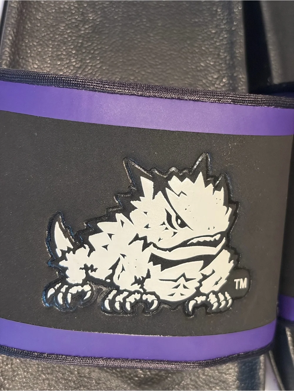 Nike Black Slide Sandals with Purple Trim and White Monster Graphic